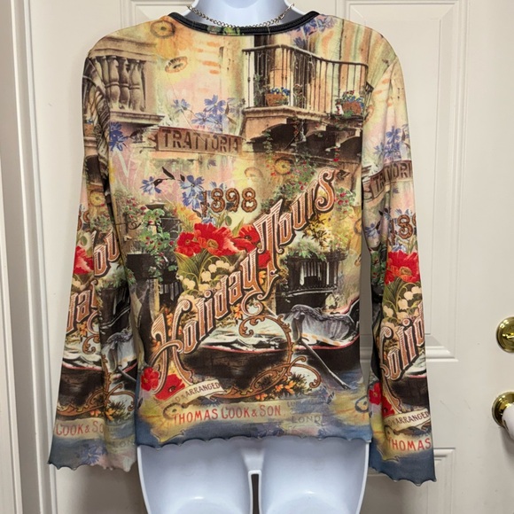 One World Womens Vintage Top French Floral Bell Sleeve Notch Neck Ruffles Medium - Picture 6 of 10